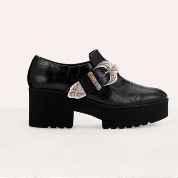 Maje croc embossed leather black buckle derby chunky platform shoes 36